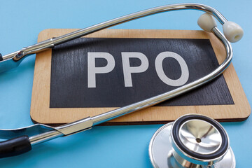 Plate with abbreviation PPO preferred provider organization or health insurance plan.