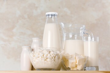 Fresh dairy products milk, kefir, feta, cottage cheese. Symbols of jewish holiday - Shavuot.