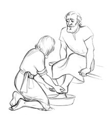 Christ washes Peter's feet. Pencil drawing