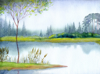 Fototapeta na wymiar Watercolor landscape. Tree on the river bank