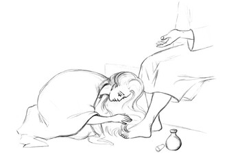 Obraz premium A woman washes the feet of Christ. Pencil drawing