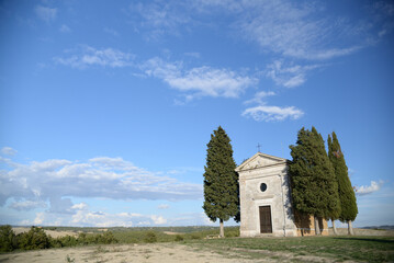 Cappella della Madonna di Vitaleta - Tiny, secluded chapel framed by cypress trees