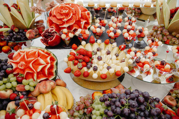 fruit and sweets, beautifully arranged fruits on the holiday table, 