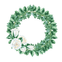 White roses wedding wreath isolated on white background. Watercolor illustration. Rustic style.