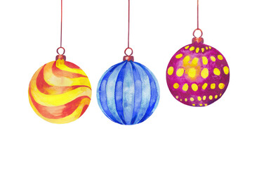 Collection of watercolor Christmas decorations. Three Christmas tree balls.