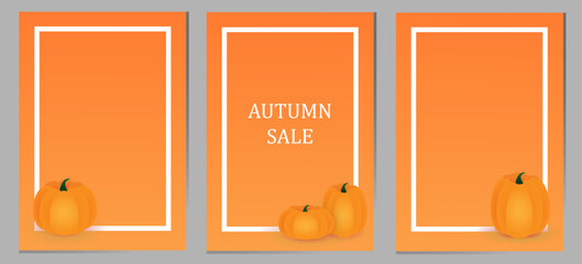 The set of autumn flyers with pumpkins on orange background with white frame.