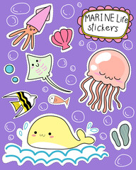 marine life set for sticker , postcard , invitation , vector, illustration for kids
