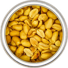 Top view close up of one isolated open can with roasted salted peanuts, transparent  background