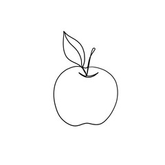 Apple continuous line drawing, Black and white minimalistic linear illustration made of one line