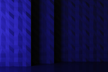 Abstract polygonal mosaic background lit with blue neon light 3d render