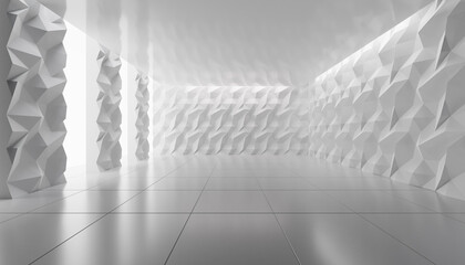 Empty space with white polygonal abstract walls and columns 3d render