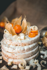 Physalis on top of waffles with white chocolate 