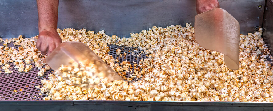 Salting and mixing freshly popped kettle corn. Operator mixes it with salt and perhaps sugar allowing unpopped waste kernels to fall through the holes in the sifting tray.