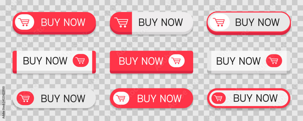 Poster set of red and white buttons with text buy now isolated on transparent background. vector illustrati