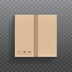 Mockup of a realistic cardboard box in a closed form isolated on a transparent background. Vector illustration..
