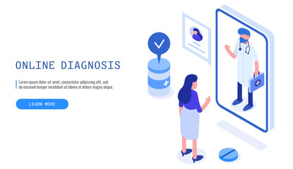 Online diagnosis concept. Female patients meeting with doctor online for consultation. Web banner. Vector illustration..