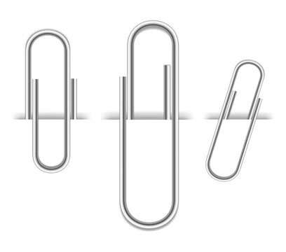 Set of realistic metal paper clips isolated on white background. Page holder, binder. Vector illustration..