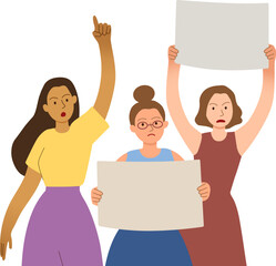 Women activists participate in the protest, meeting, march. Young females holding a banners, pointing up finger. Feminists defend the Women's Rights. Vector illustration isolated on white.