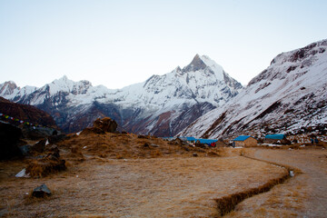 The majestic Annapurna range of the himalayas at first light of sunrise