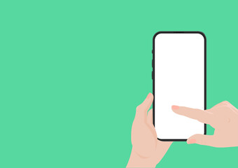 Mobile phone mockup with a white, blank screen on a green background. A person's hand is holding a smartphone.
Vector image.