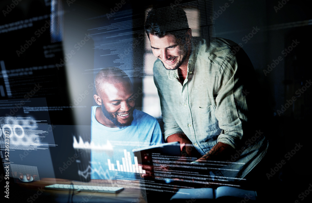 Aufkleber IT or information technology technicians or computer programmers working, coding user interface or UX late at night. Team of software specialists or developers happy technical system data in office