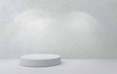Grey podest in bright empty scene, against concrete wall. Podium for product exposition, 3D...