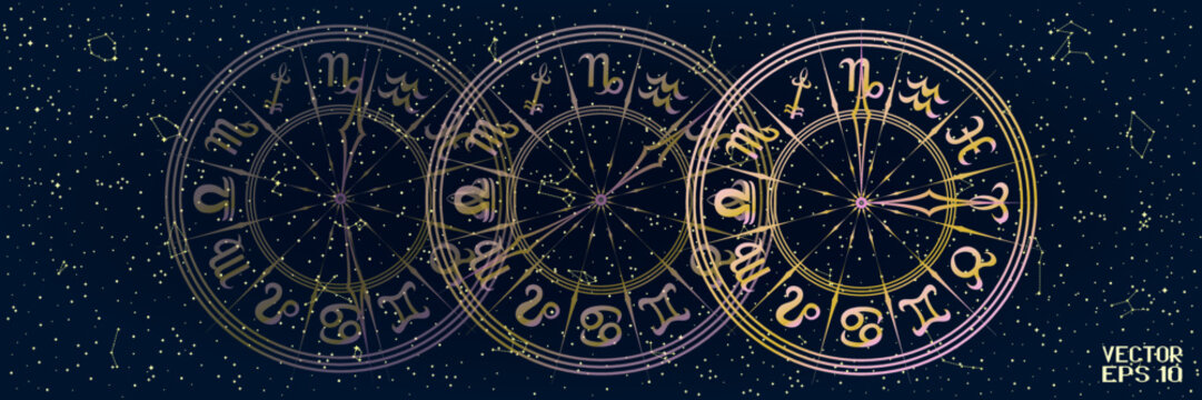 Red and Yellow Round Frame with Zodiac Signs. Horoscope Symbol. Panoramic Sky Map of Hemisphere. Glowing Constellations on Starry Night Background. Vector. 3D Illustration