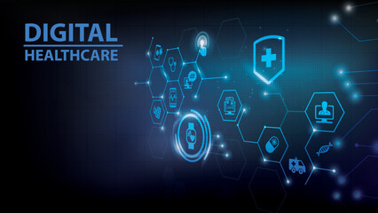 Digital healthcare and smart health devices and iot technology in medicine vector illustration. Concept around medical big data, cloud applications