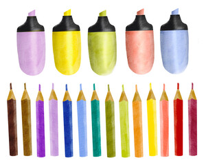set of colored markers and pencils