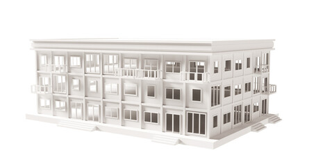 White building, modern style, 3-floor model Architecture Made from paper, low poly perspective 3d rendering. Drill holes in windows and doors.	