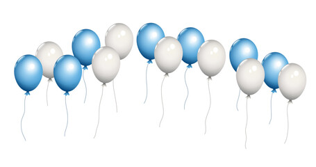 Banner Reihe mit fliegende weiße und blaue Helium Luftballons,
Vektor Illustration isoliert auf weißem Hintergrund
