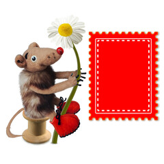 Little mouse with a flower. 3d cartoon illustration.