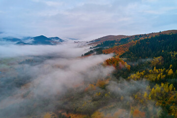 Fog spreads over the mountains at dawn. The sun rises on the horizon. Carpathians in the morning. Aerial drone view.