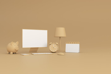 Computer blank screen and piggy bank, lamp, mobile phone, calendar, alam clock. 3d illustration