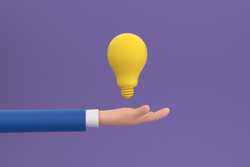 Yellow light bulbs on hand with purple background. 3d illustration.