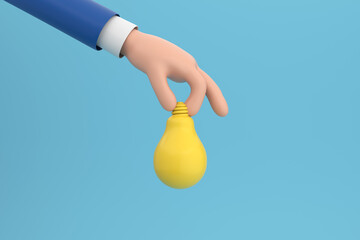 Hand hold light bulb on blue background. 3d illustration