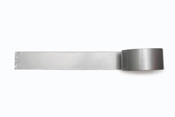 A spool of gray duct tape is unwound and pasted to a white background. Adhesive tape for repair...