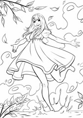 Hand-drawn art, anime cartoon style. Cute anime girl with long hair. Vector illustration. Can be used for coloring books, tattoos, and cards.