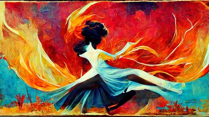 Tanzkontest, Plakat für einen Tanzwettbewerb in hellen, kräftigen Farben, tanzende Frau