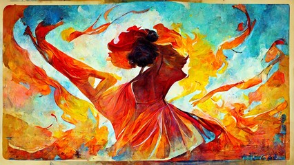 Abstrakte Zeichnung einer tanzen Frau in hellem, orangem Kleid - obrazy, fototapety, plakaty
