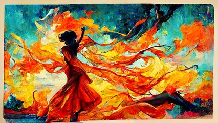 Obraz na płótnie Canvas Tanzende Frau in orangem Kleid, Zeichnung für ein Tanzwettbewerb-Poster
