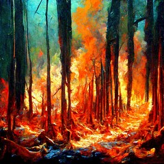 Verwüstung im Wald durch einen Brand, gemalt in Öl - obrazy, fototapety, plakaty