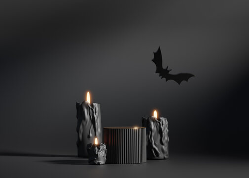 3D Podium Display On Black Background. Halloween Flying Bat And Candles With Glowing Flame.  Gold Pedestal Showcase. Product Promotion. Abstract Banner, Empty Mockup, Spooky 3D Render 