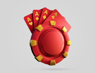 Casino chips and cards 3d icon. Casino chips, bet cards, bet item. Casino game golden 3D chips. 3d rendered illustration. 