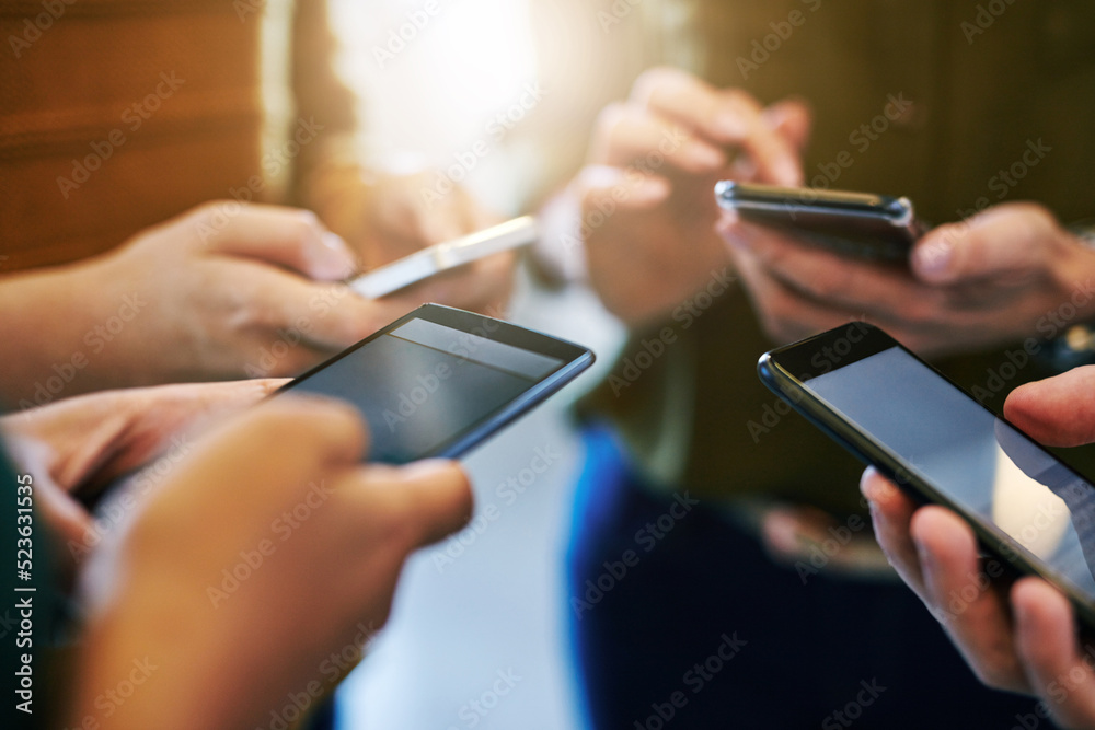 Poster Phone communication, networking and texting with a group of hands in a circle huddle and reading or sending a message online. Closeup of people typing, surfing the internet or browsing social media