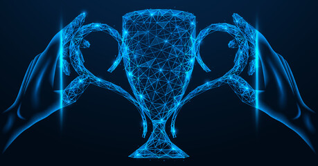 Hands are holding the victorious champion cup in online competitions. Polygonal design of interconnected lines and points. Blue background.