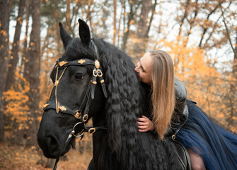 Obraz premium young beautiful smiling woman in long blue skirt kissing black Friesian horse in autumn forest with yellow leaves