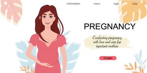 Modern banner about motherhood. Vector illustration of a pregnant girl with long hair. Delicate image.