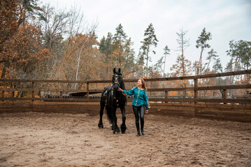 Obraz premium young beautiful smiling woman in ukrainian green embroidery walking with black Friesian horse on a farm in autumn