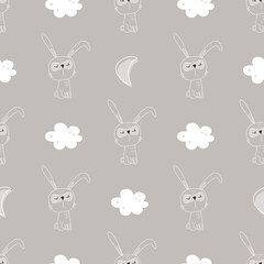 Cute hare and clouds - kids seamless pattern. Textile childish pattern.